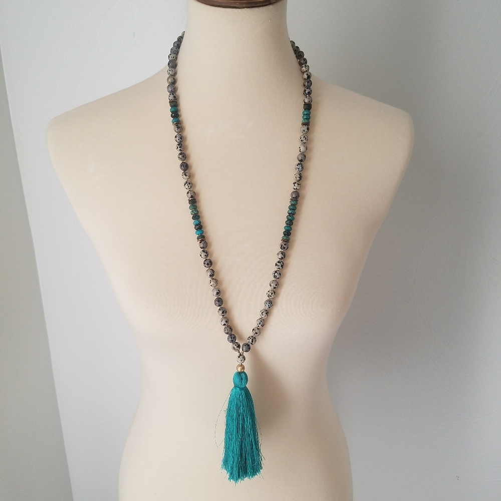 Turquoise&dalmation jasper beaded tassel n…